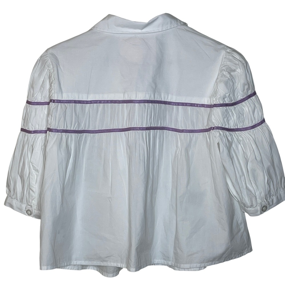 Maeve by Anthropologie White Puff Sleeve‎ Purple Ribbon Detail Size Small - Picture 2 of 6